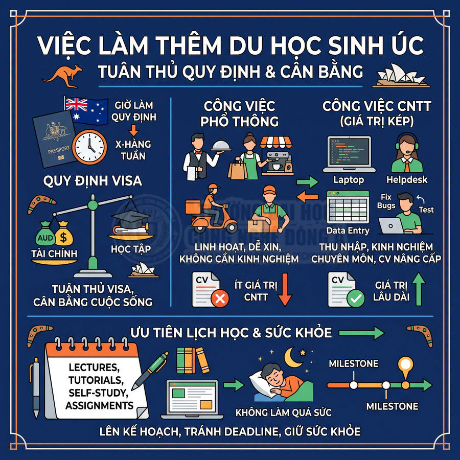 Infographic việc làm thêm cho du học sinh Úc, quy định visa, công việc phổ thông và IT, ưu tiên lịch học và sức khỏe
