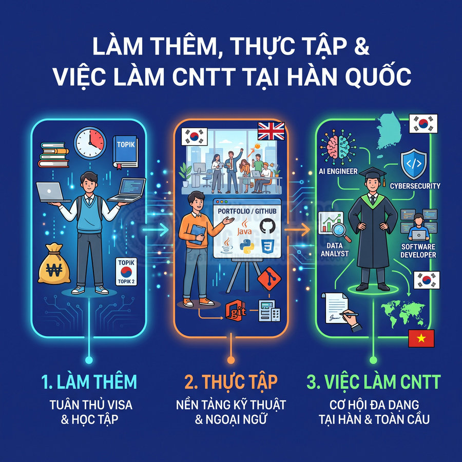 Lộ trình làm thêm, thực tập và việc làm CNTT tại Hàn Quốc cho sinh viên với các bước minh họa trực quan