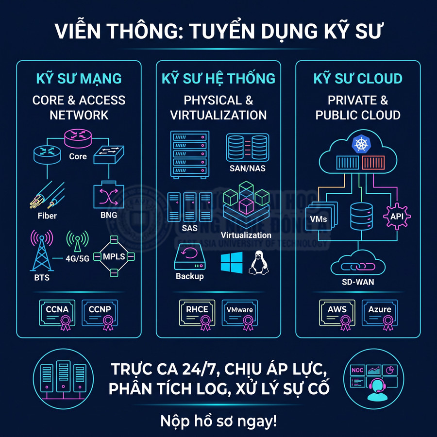 Poster tuyển dụng kỹ sư viễn thông cho vị trí kỹ sư mạng, hệ thống và cloud với yêu cầu trực ca 24/7