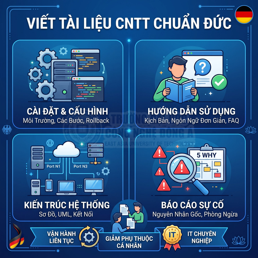 Infographic viết tài liệu CNTT chuẩn Đức với cài đặt cấu hình, hướng dẫn sử dụng, kiến trúc hệ thống và báo cáo sự cố