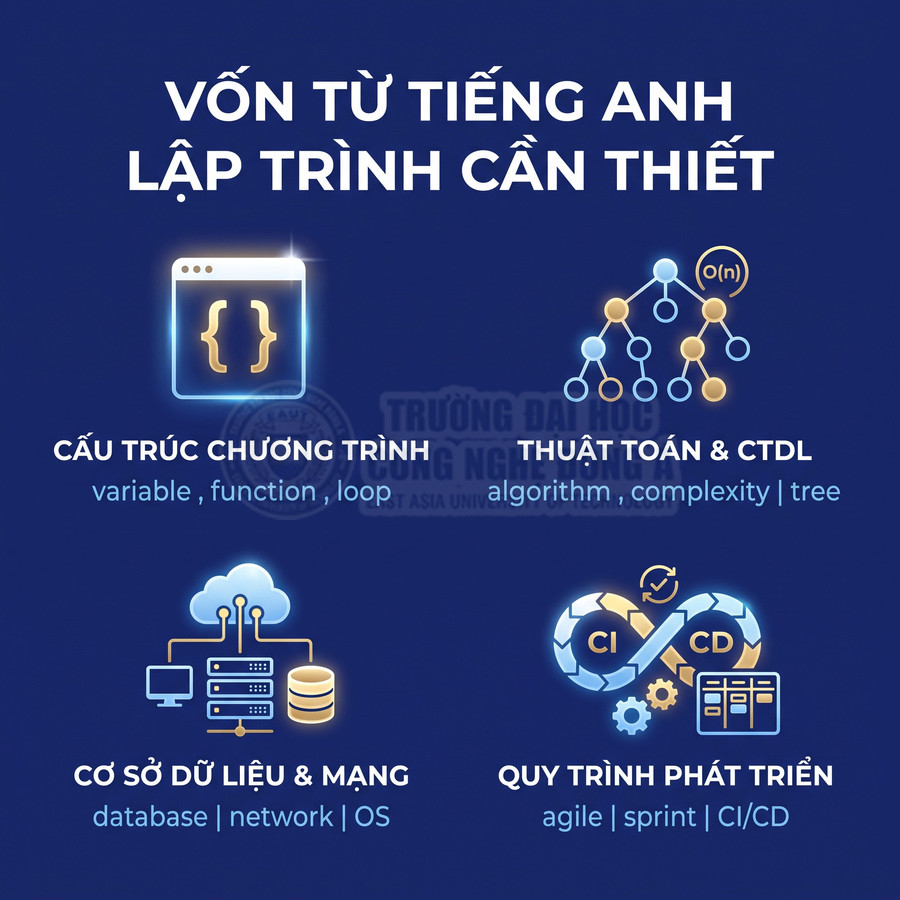 Từ vựng tiếng Anh lập trình cần thiết về cấu trúc chương trình, thuật toán, cơ sở dữ liệu, mạng và quy trình phát triển