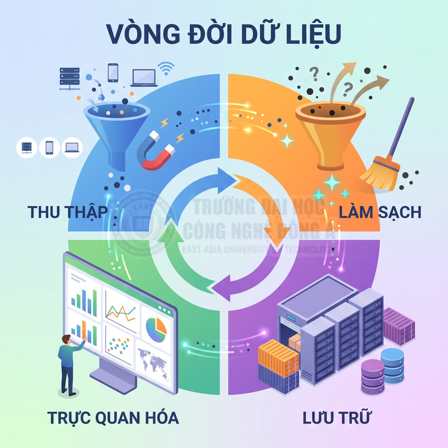 Vòng đời dữ liệu với các bước thu thập, làm sạch, lưu trữ và trực quan hóa bằng biểu đồ và máy chủ