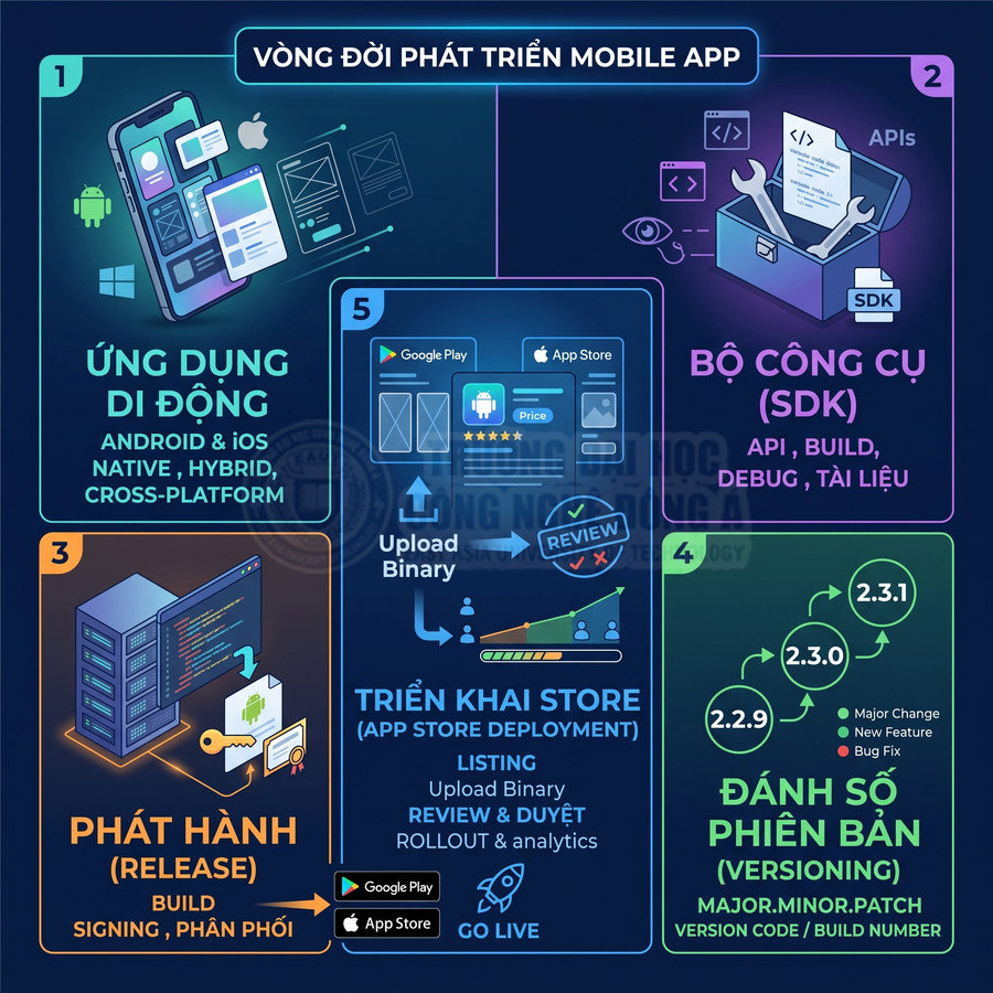 Quy trình phát triển và phát hành ứng dụng di động Android iOS với SDK, đánh số phiên bản và triển khai lên Google Play App Store