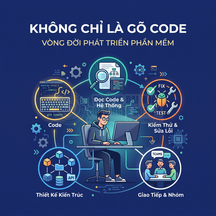 Lập trình viên ngồi trước máy tính minh họa các bước vòng đời phát triển phần mềm và kỹ năng lập trình
