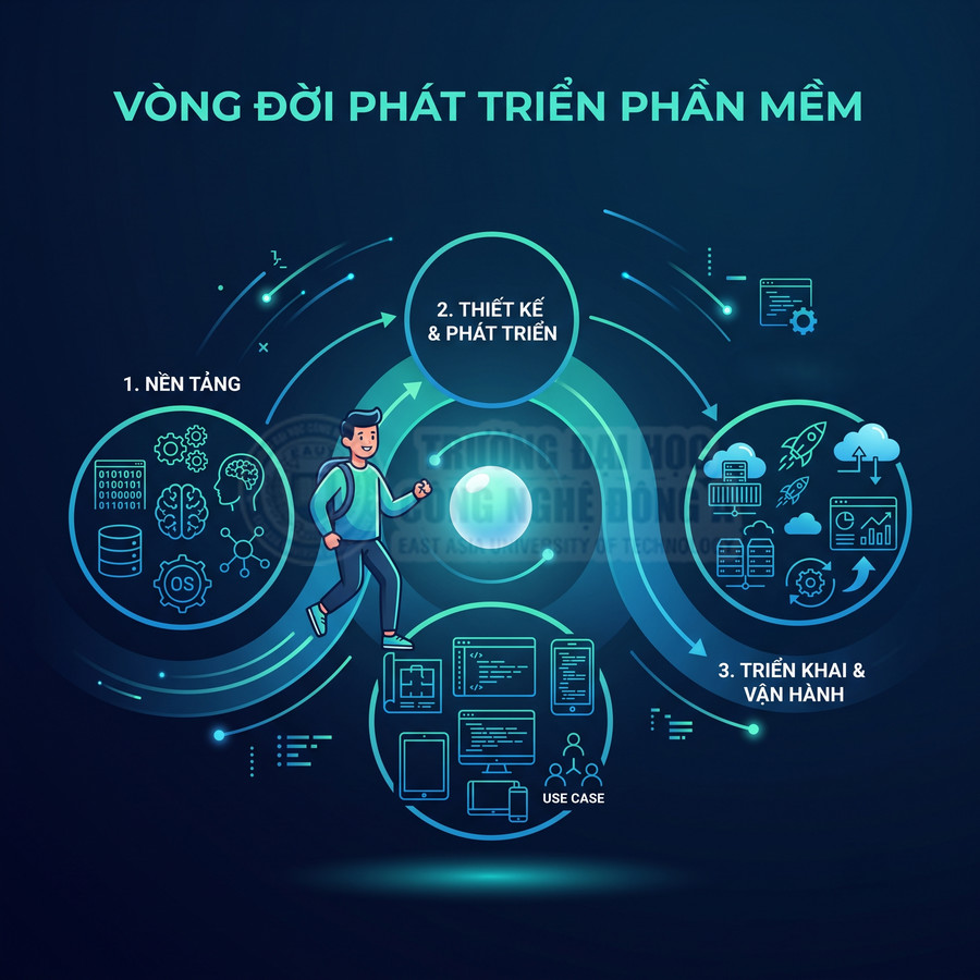 Vòng đời phát triển phần mềm với các bước nền tảng, thiết kế phát triển, triển khai và vận hành