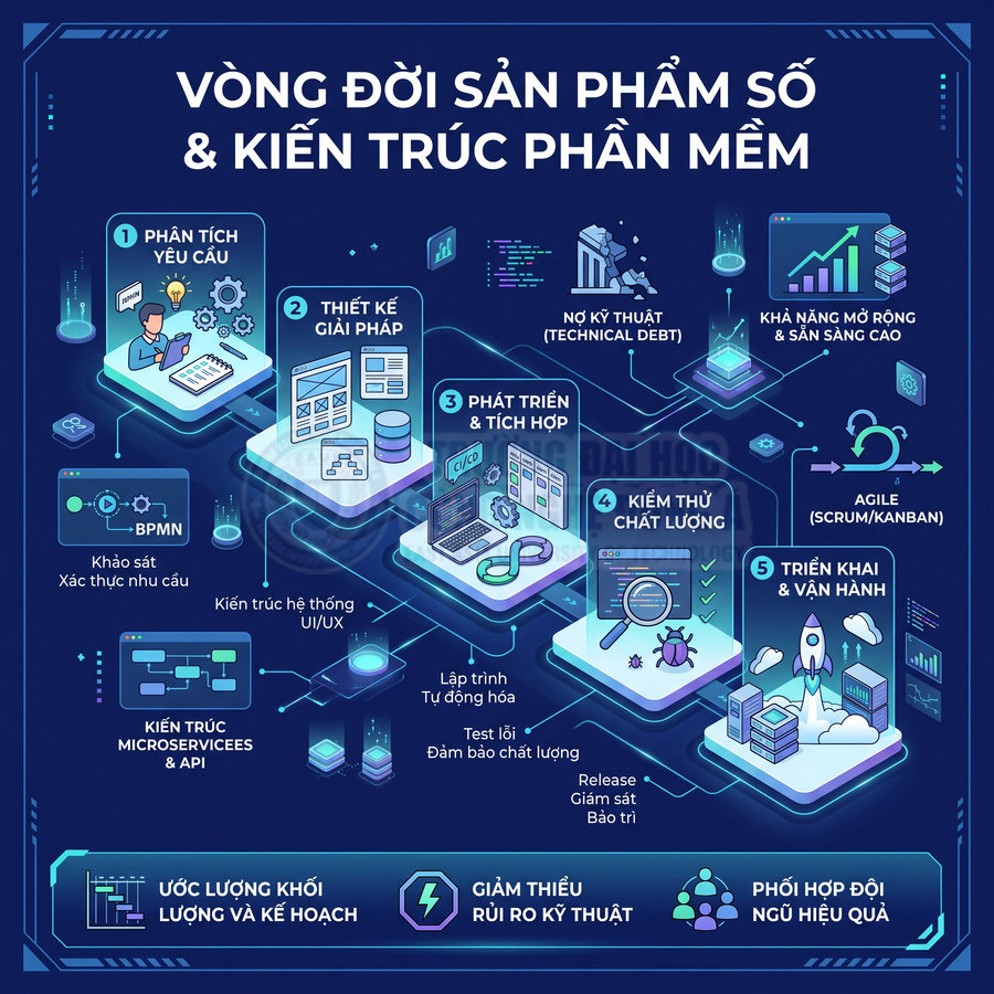 Vòng đời sản phẩm số và kiến trúc phần mềm với các bước phân tích, thiết kế, phát triển, kiểm thử, triển khai