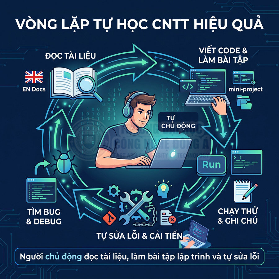 Vòng lặp tự học lập trình hiệu quả với đọc tài liệu, viết code, chạy thử, debug và tự sửa lỗi cải tiến