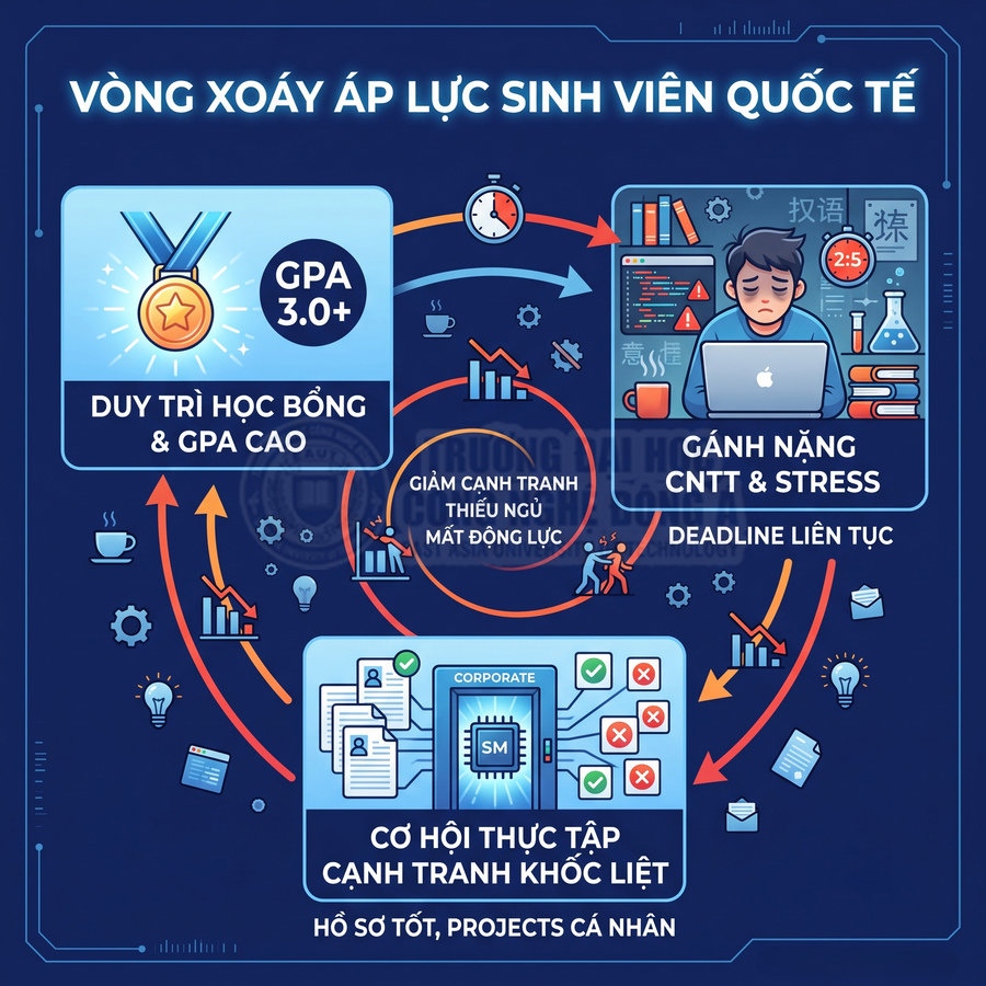 Vòng xoáy áp lực sinh viên quốc tế với gánh nặng GPA cao, stress, deadline và cạnh tranh thực tập