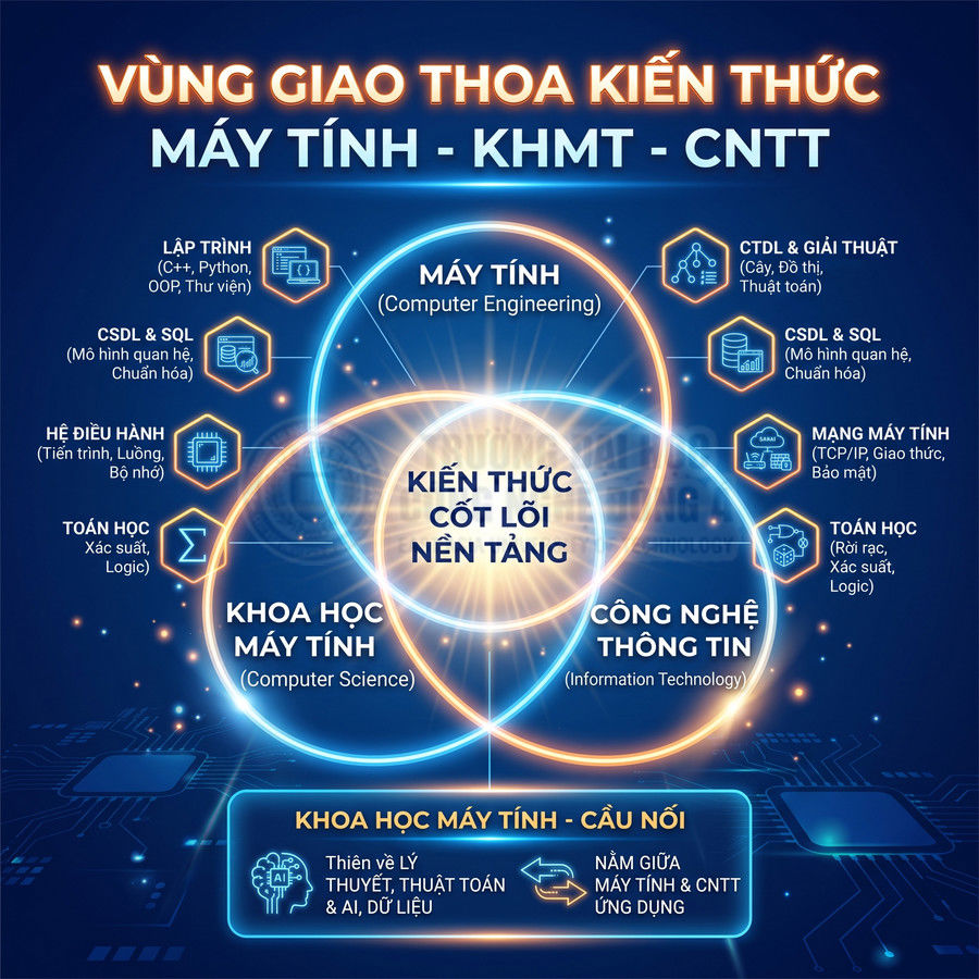 Sơ đồ vùng giao thoa kiến thức máy tính, khoa học máy tính và công nghệ thông tin với kiến thức cốt lõi nền tảng