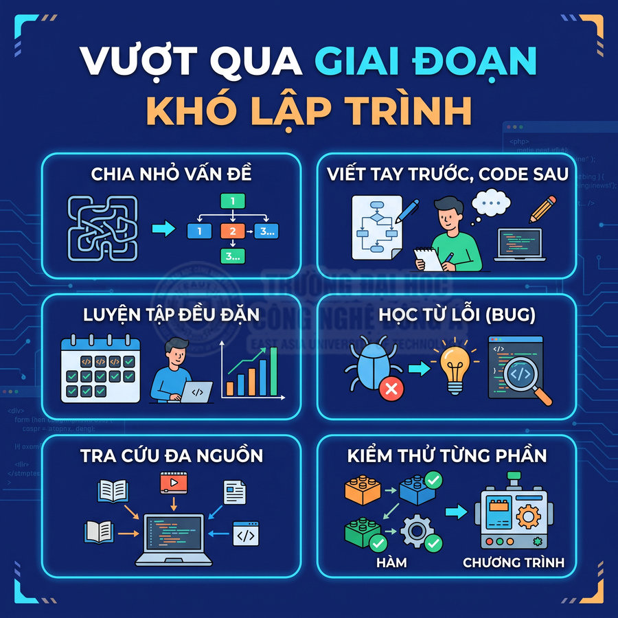 Hướng dẫn vượt qua giai đoạn khó lập trình với các bước chia nhỏ vấn đề, luyện tập, học từ lỗi và kiểm thử từng phần
