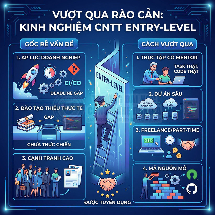 Infographic vượt qua rào cản kinh nghiệm CNTT entry level với nguyên nhân và cách giải quyết cho sinh viên mới ra trường