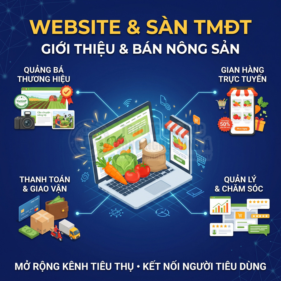Nền tảng website và sàn thương mại điện tử bán nông sản với gian hàng trực tuyến, thanh toán và giao vận, quản lý khách hàng.