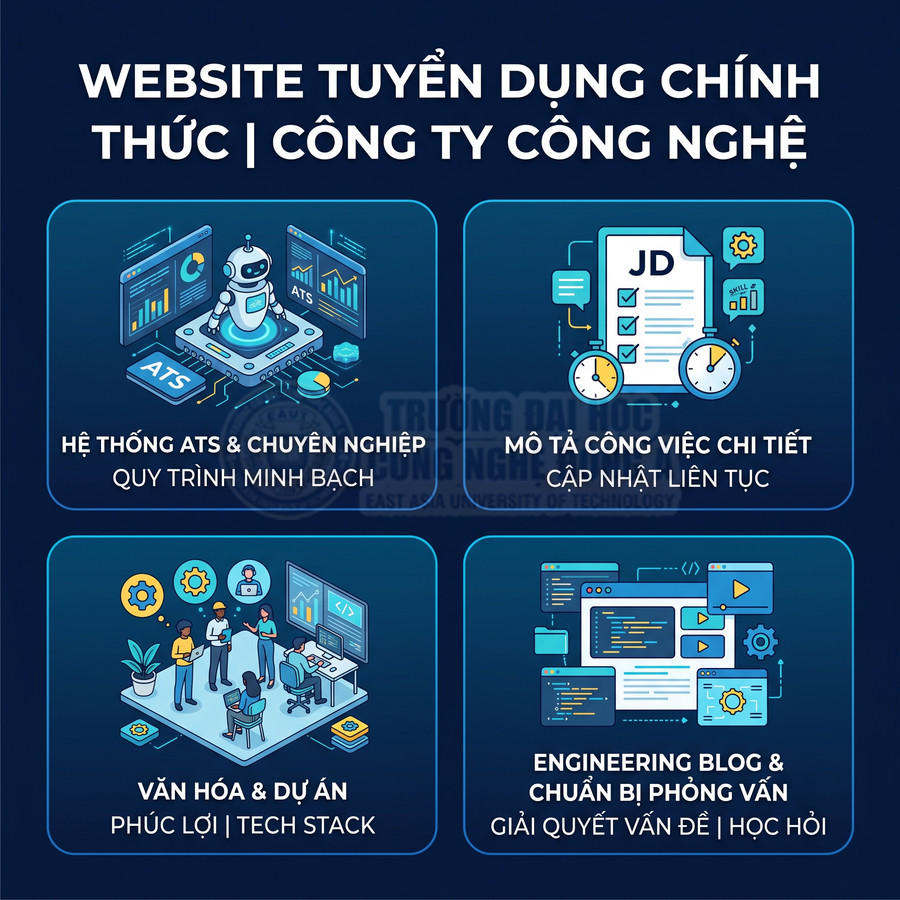 Website tuyển dụng công ty công nghệ với hệ thống ATS, mô tả công việc chi tiết, văn hóa dự án và blog kỹ thuật