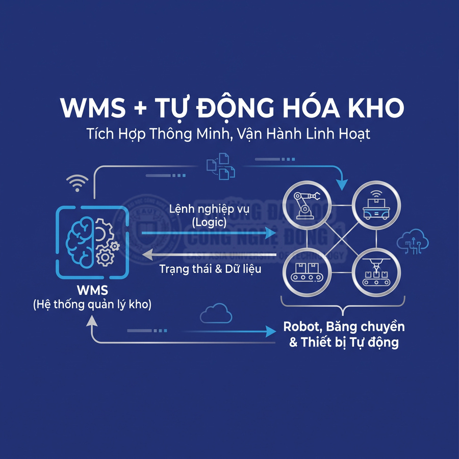 Hệ thống WMS quản lý kho tích hợp robot, băng chuyền và thiết bị tự động hóa kho hàng