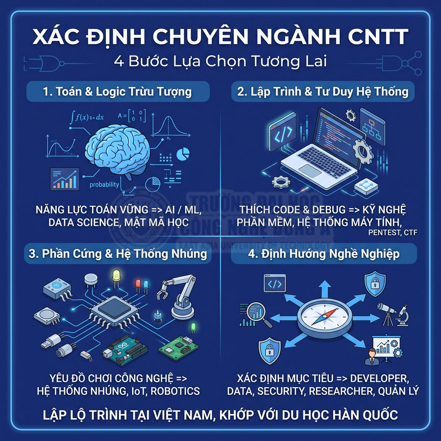 Infographic xác định chuyên ngành CNTT với 4 bước lựa chọn: toán, lập trình, phần cứng và định hướng nghề nghiệp
