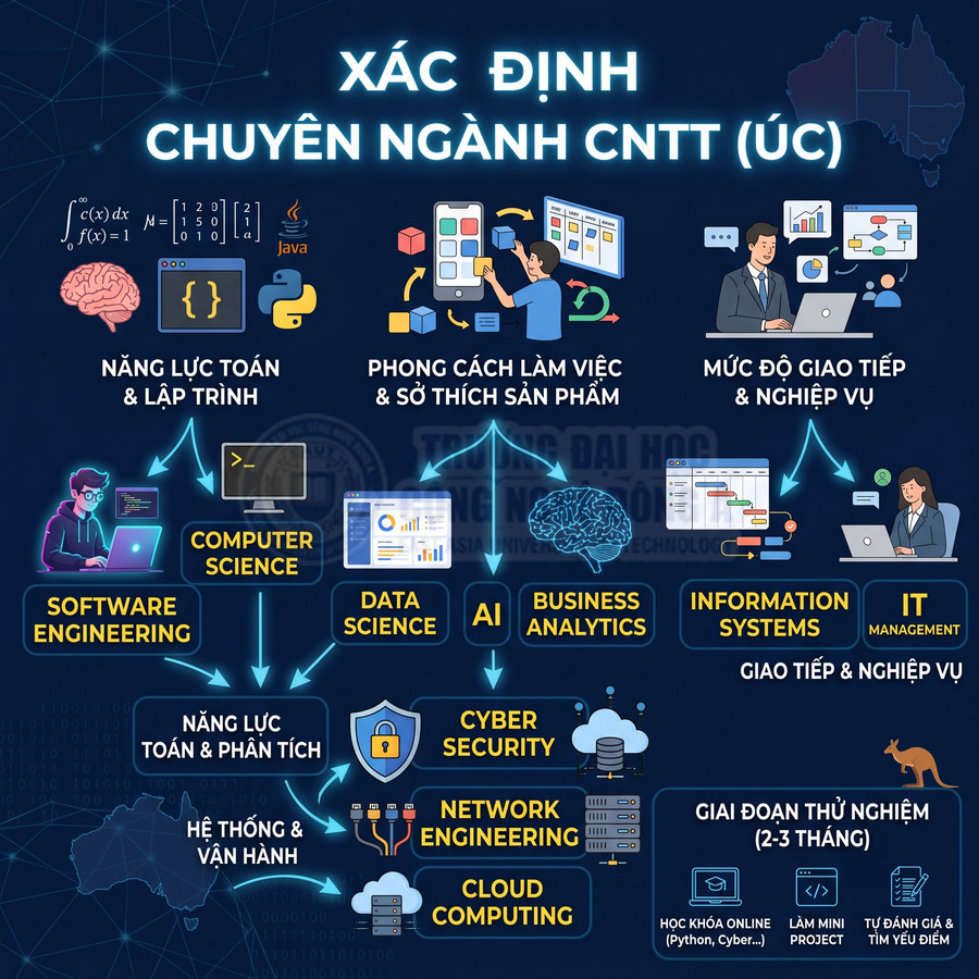 Infographic hướng dẫn xác định chuyên ngành công nghệ thông tin tại Úc với các nhánh học và kỹ năng liên quan
