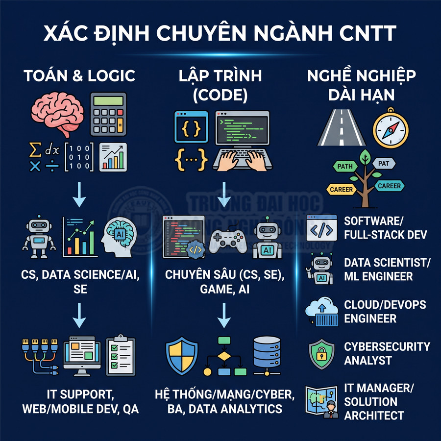 Sơ đồ xác định chuyên ngành CNTT với các nhánh toán logic, lập trình và định hướng nghề nghiệp dài hạn