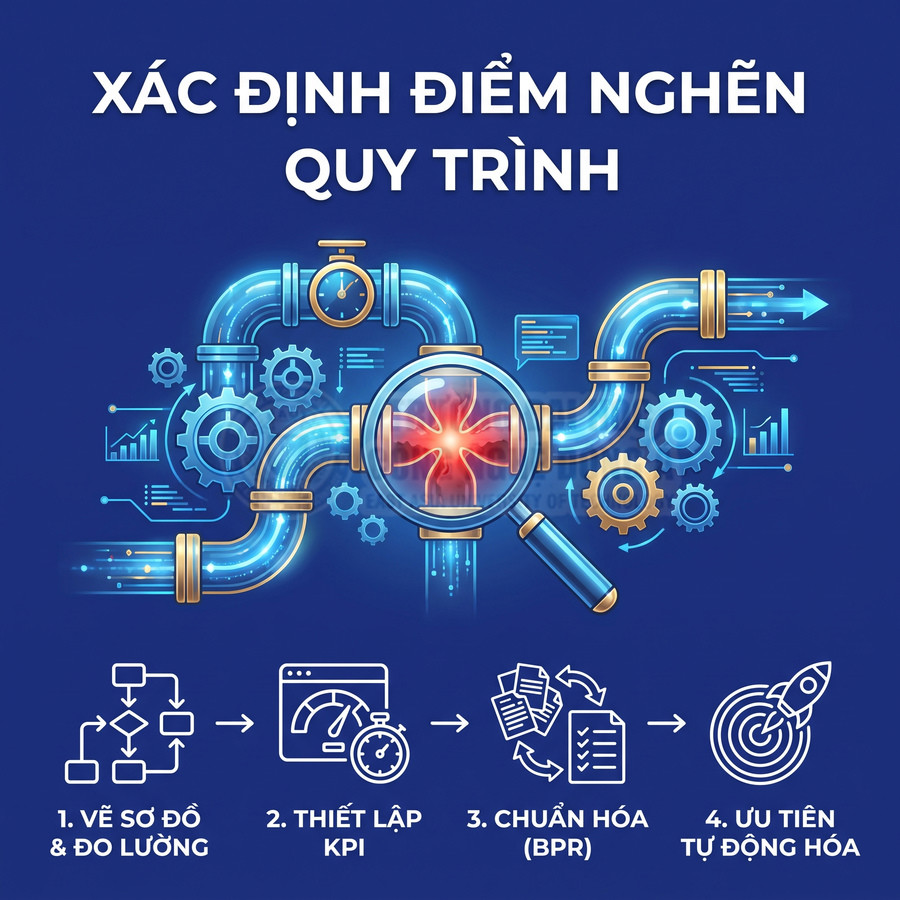 Quy trình xác định điểm nghẽn với sơ đồ luồng công việc, thiết lập KPI, chuẩn hóa BPR và ưu tiên tự động hóa