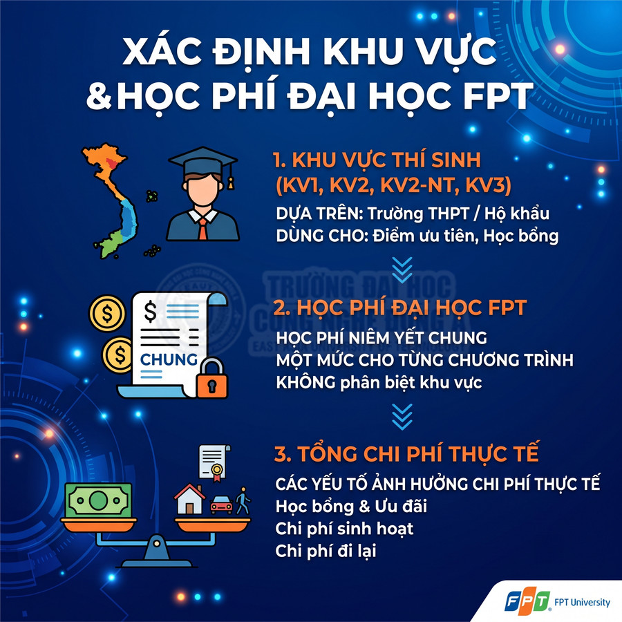 Infographic hướng dẫn xác định khu vực và học phí, tổng chi phí học Đại học FPT University