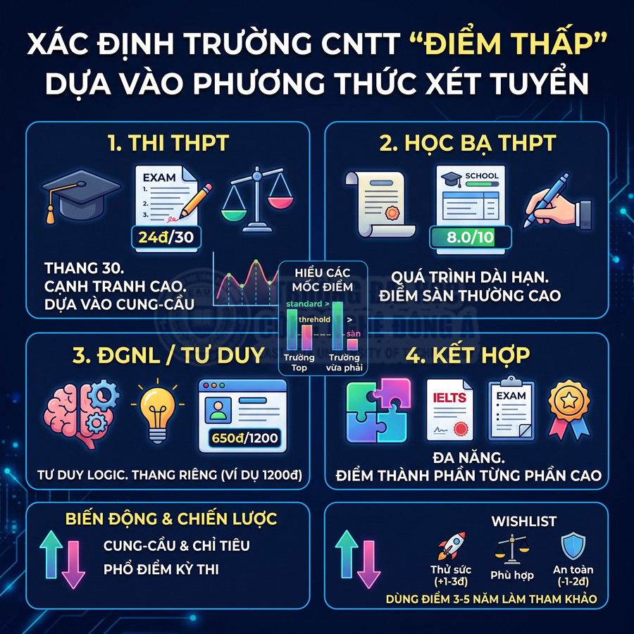 Infographic các phương thức xét tuyển ngành CNTT và chiến lược chọn trường điểm thấp cho học sinh THPT