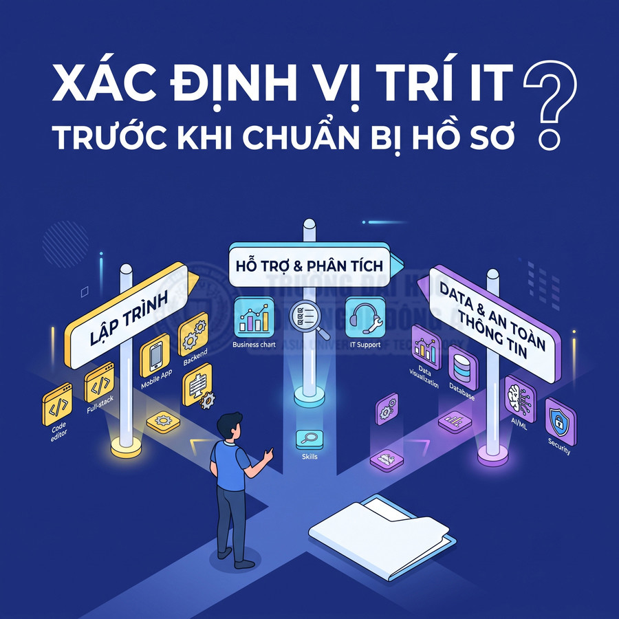 Minh họa các vị trí ngành IT gồm lập trình, hỗ trợ phân tích, data và an toàn thông tin