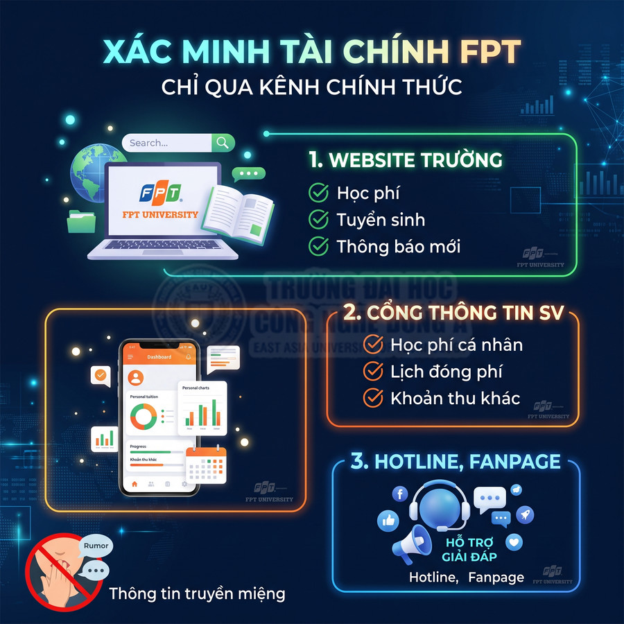 Hướng dẫn xác minh tài chính FPT University qua website trường, cổng thông tin sinh viên, hotline và fanpage