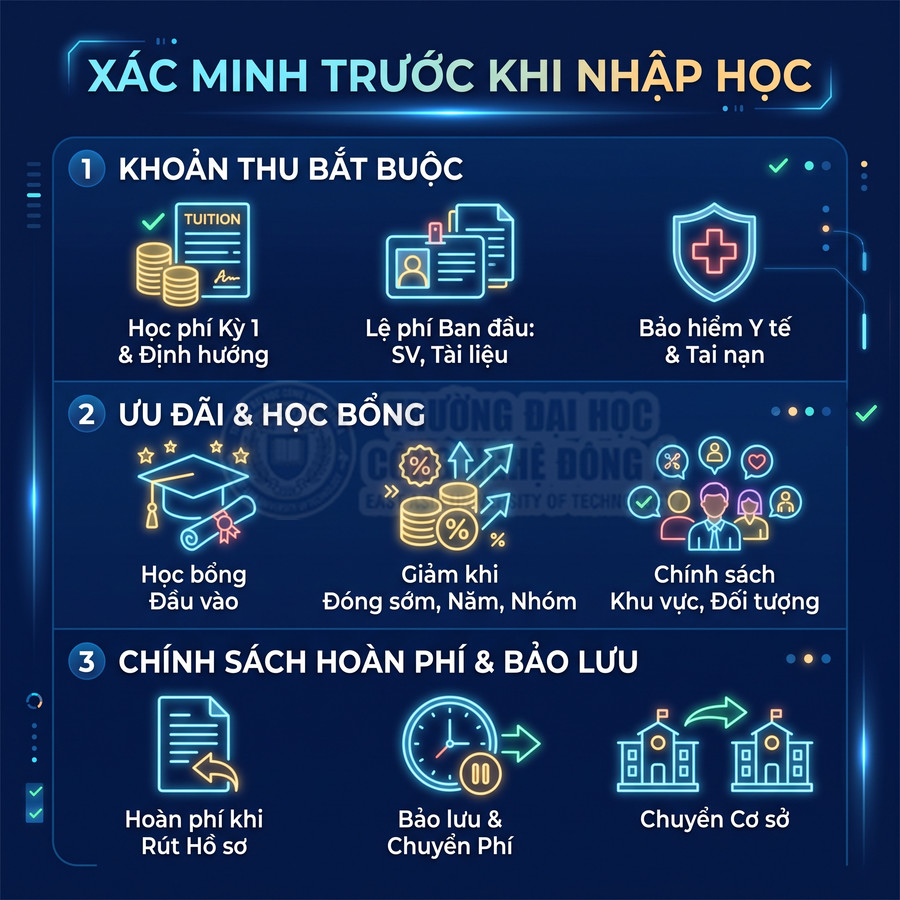 Infographic xác minh trước khi nhập học với các khoản thu bắt buộc, ưu đãi học bổng và chính sách hoàn phí, bảo lưu