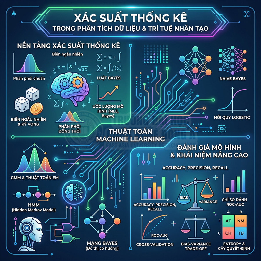 Sơ đồ kiến thức xác suất thống kê và thuật toán machine learning trong phân tích dữ liệu và trí tuệ nhân tạo