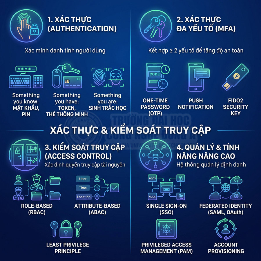Sơ đồ các phương thức xác thực, kiểm soát truy cập và quản lý định danh trong an ninh mạng