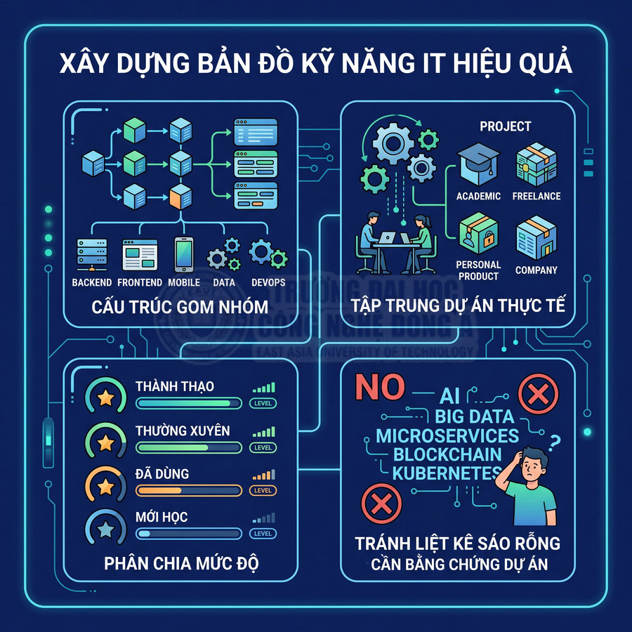 Hướng dẫn xây dựng bản đồ kỹ năng IT hiệu quả với cấu trúc nhóm, dự án thực tế và phân chia mức độ học tập