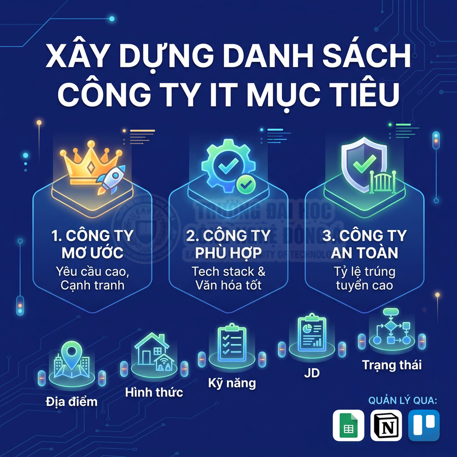 Infographic xây dựng danh sách công ty IT mục tiêu với tiêu chí công ty mơ ước, phù hợp và an toàn