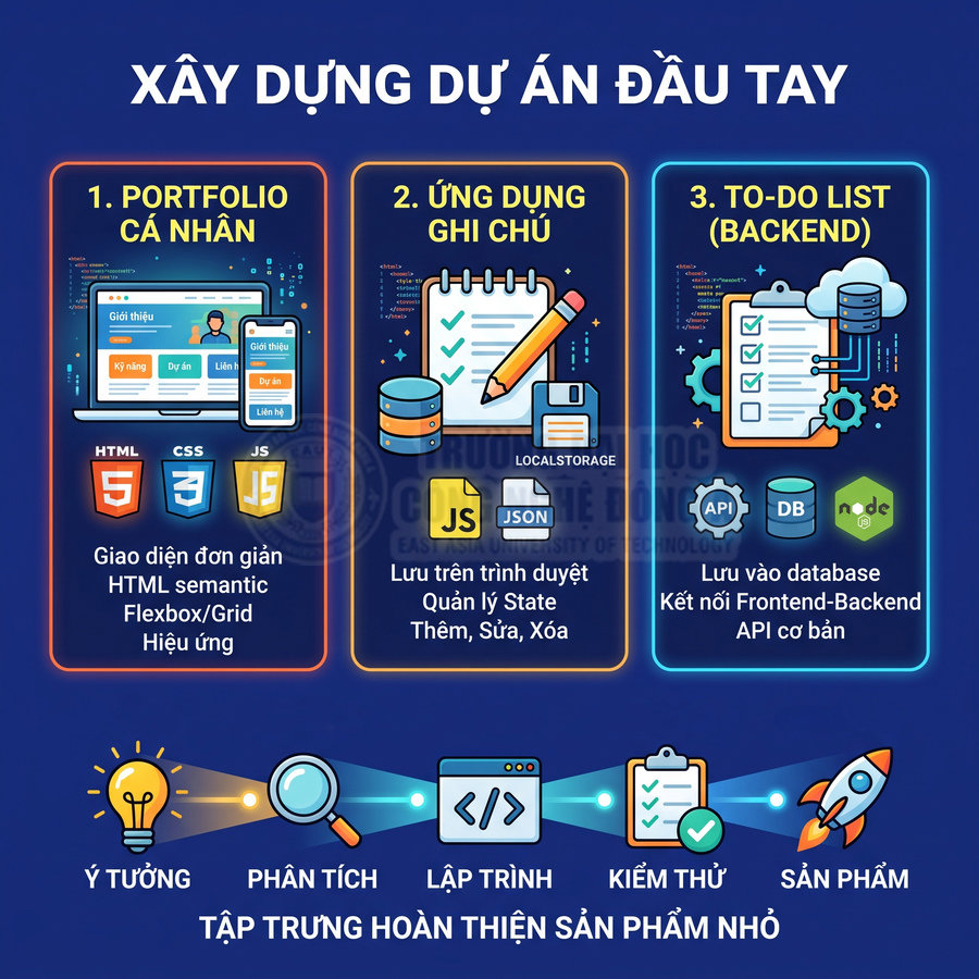 Poster khóa học lập trình web xây dựng dự án đầu tay với portfolio cá nhân, ứng dụng ghi chú và to do list backend