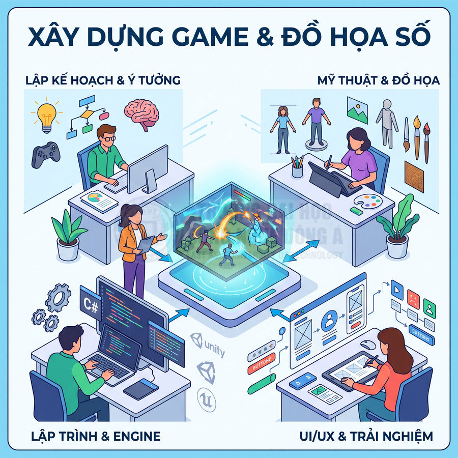 Quy trình xây dựng game và đồ họa số với các nhóm lập kế hoạch, lập trình, thiết kế mỹ thuật và UI UX