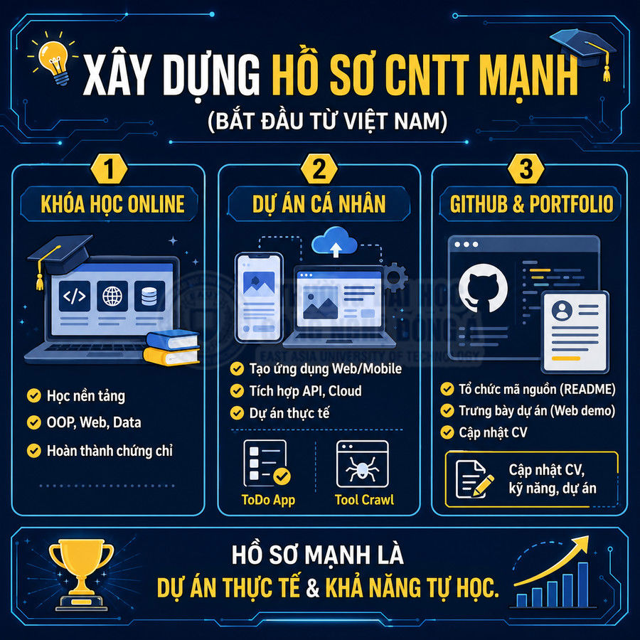 Infographic hướng dẫn xây dựng hồ sơ CNTT mạnh với khóa học online, dự án cá nhân và GitHub portfolio