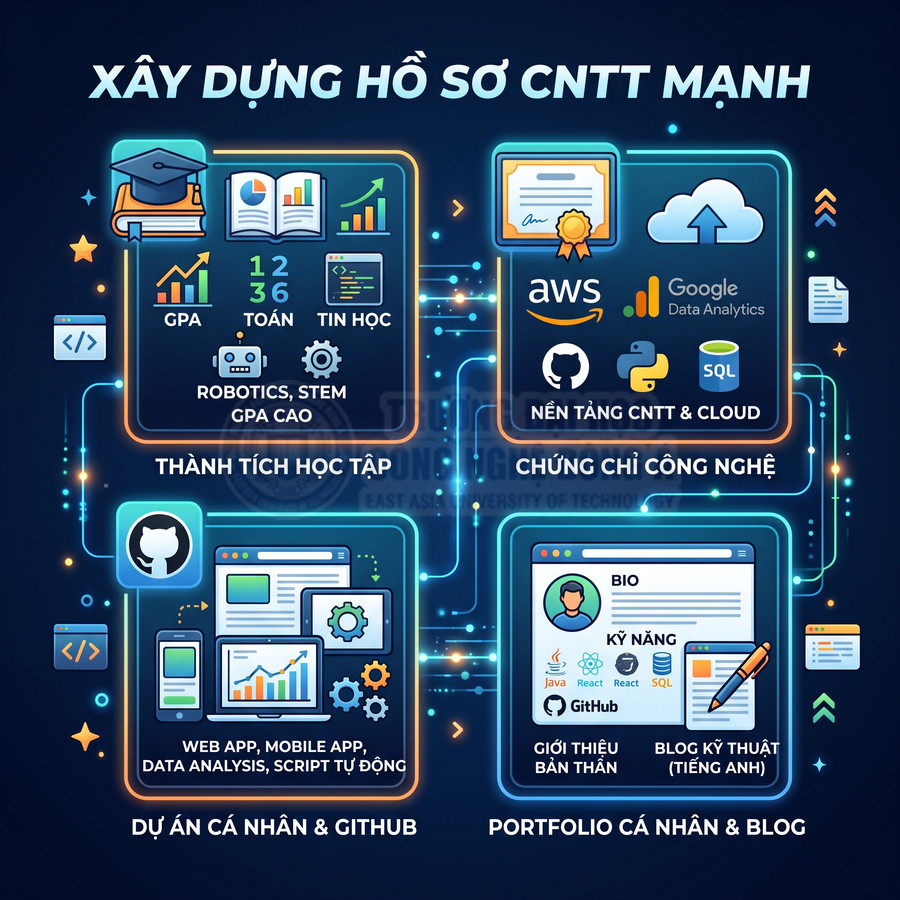 Infographic xây dựng hồ sơ CNTT mạnh với thành tích học tập, chứng chỉ AWS Google, dự án GitHub và portfolio cá nhân