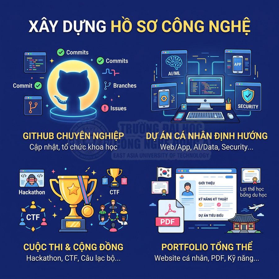 Poster hướng dẫn xây dựng hồ sơ công nghệ với GitHub, dự án cá nhân, cuộc thi cộng đồng và portfolio tổng thể