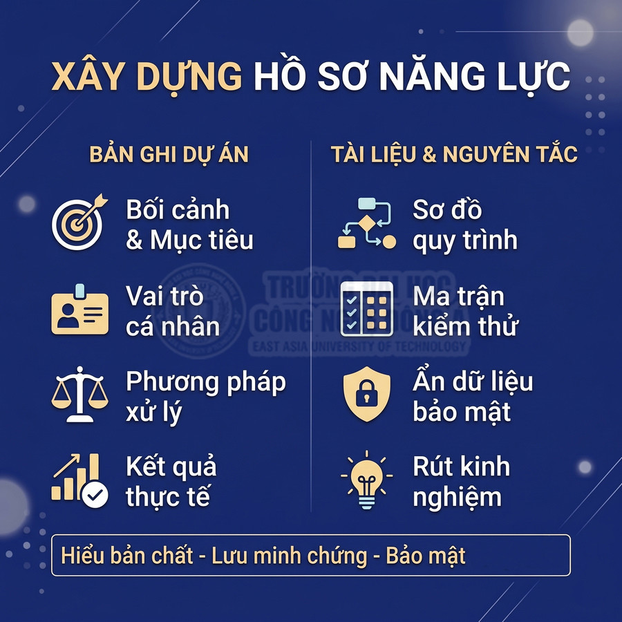 Nội dung xây dựng hồ sơ năng lực gồm bản ghi dự án, tài liệu, nguyên tắc và bảo mật thông tin.