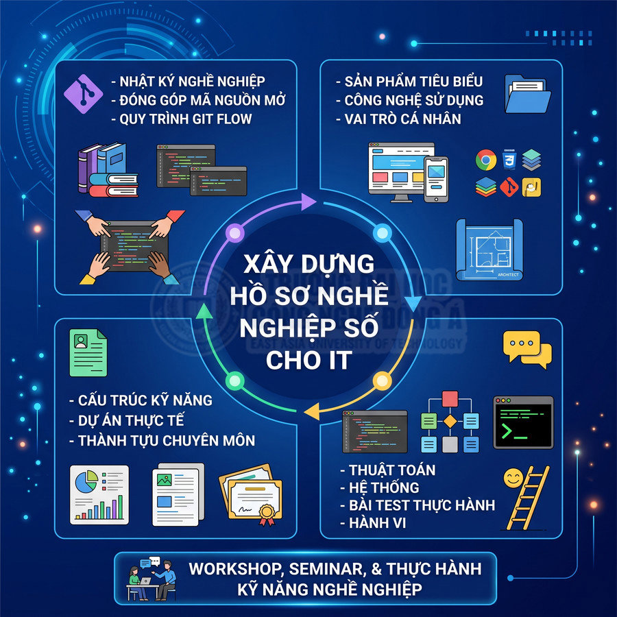 Poster hướng dẫn xây dựng hồ sơ nghề nghiệp số cho IT với các kỹ năng lập trình, dự án, sản phẩm và workshop thực hành