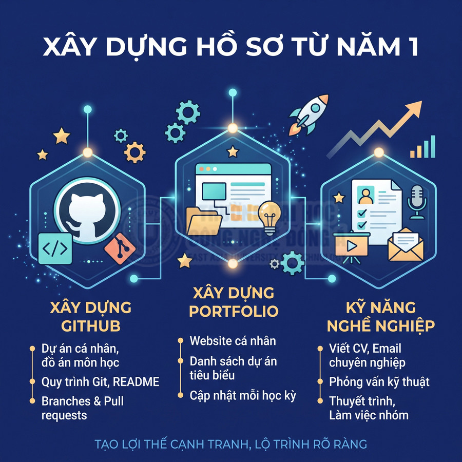 Infographic hướng dẫn sinh viên xây dựng hồ sơ từ năm 1 với GitHub, portfolio và kỹ năng nghề nghiệp