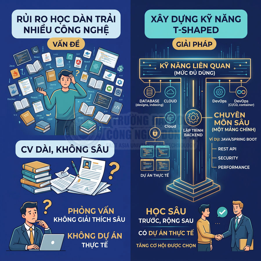 Infographic so sánh rủi ro học dàn trải công nghệ với xây dựng kỹ năng T shaped cho lập trình viên