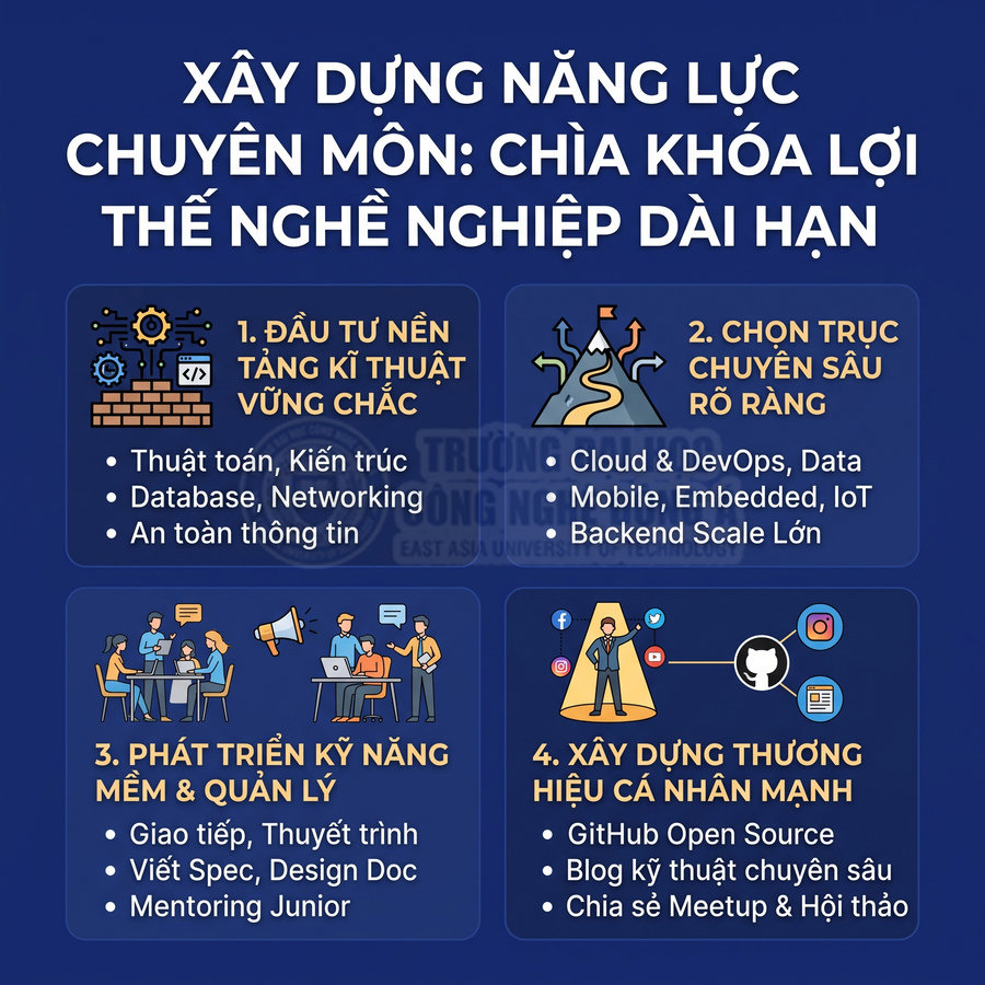 Infographic xây dựng năng lực chuyên môn IT với 4 bước phát triển kỹ thuật, kỹ năng mềm và thương hiệu cá nhân