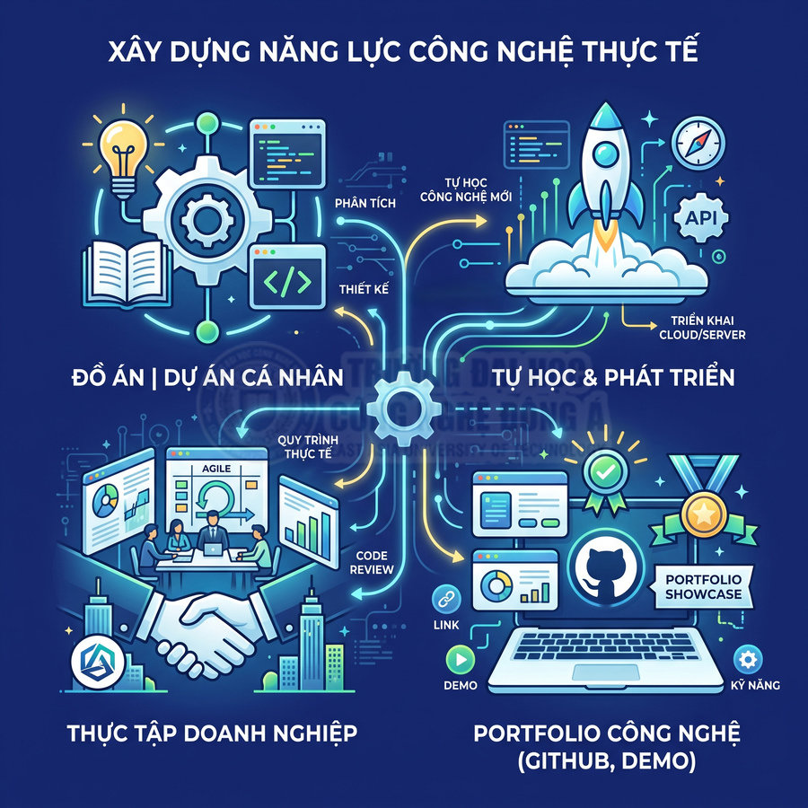 Mô hình xây dựng năng lực công nghệ thực tế với dự án cá nhân, thực tập doanh nghiệp và portfolio GitHub