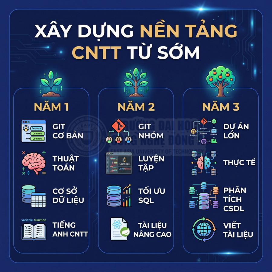 Lộ trình 3 năm xây dựng nền tảng công nghệ thông tin với Git, thuật toán, SQL, dự án lớn và kỹ năng thực tế