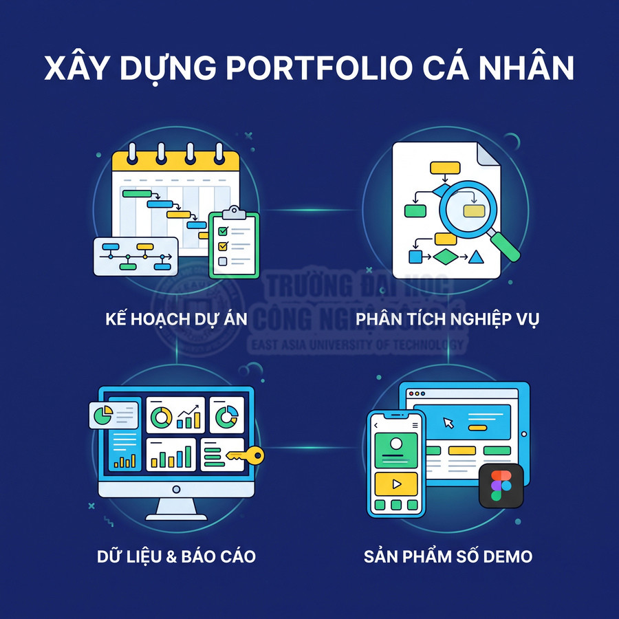 Minh họa xây dựng portfolio cá nhân với kế hoạch dự án, phân tích nghiệp vụ, dữ liệu báo cáo và sản phẩm số demo