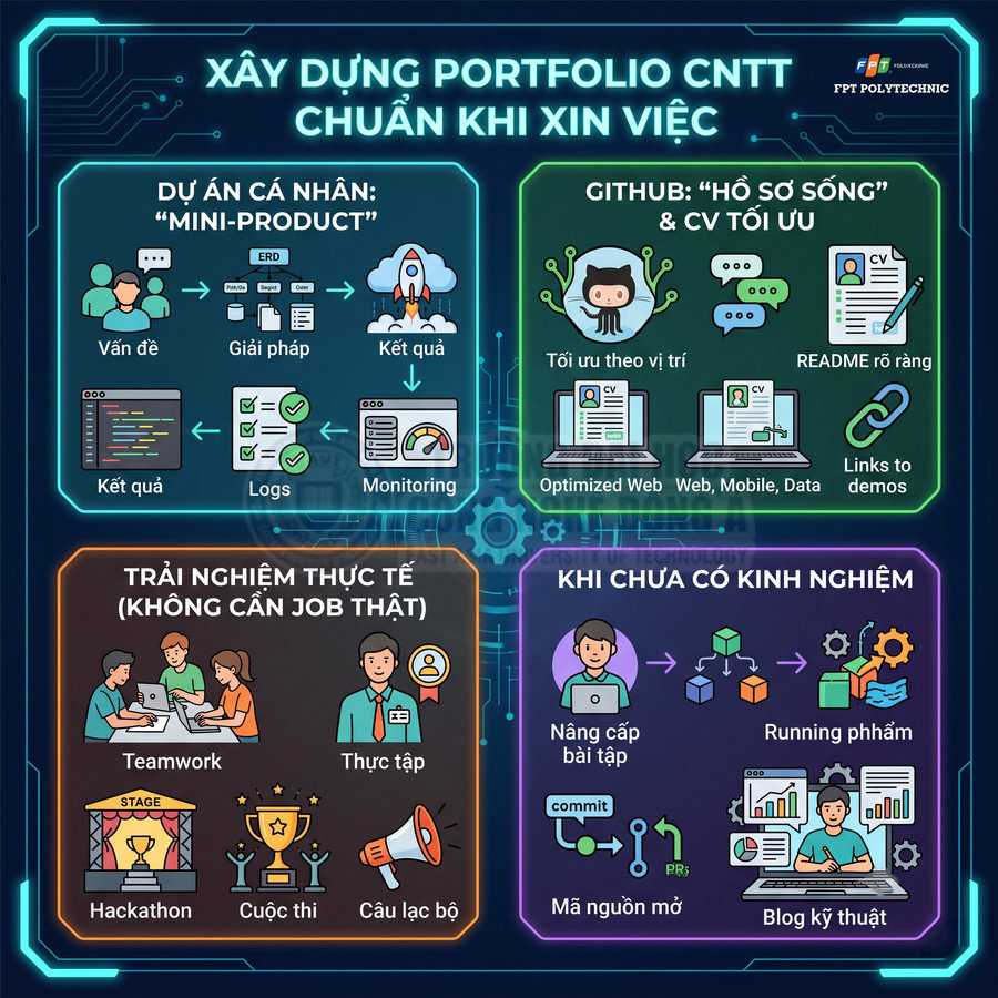 Infographic hướng dẫn xây dựng portfolio CNTT chuẩn khi xin việc với các bước dự án cá nhân, GitHub, trải nghiệm và blog kỹ thuật