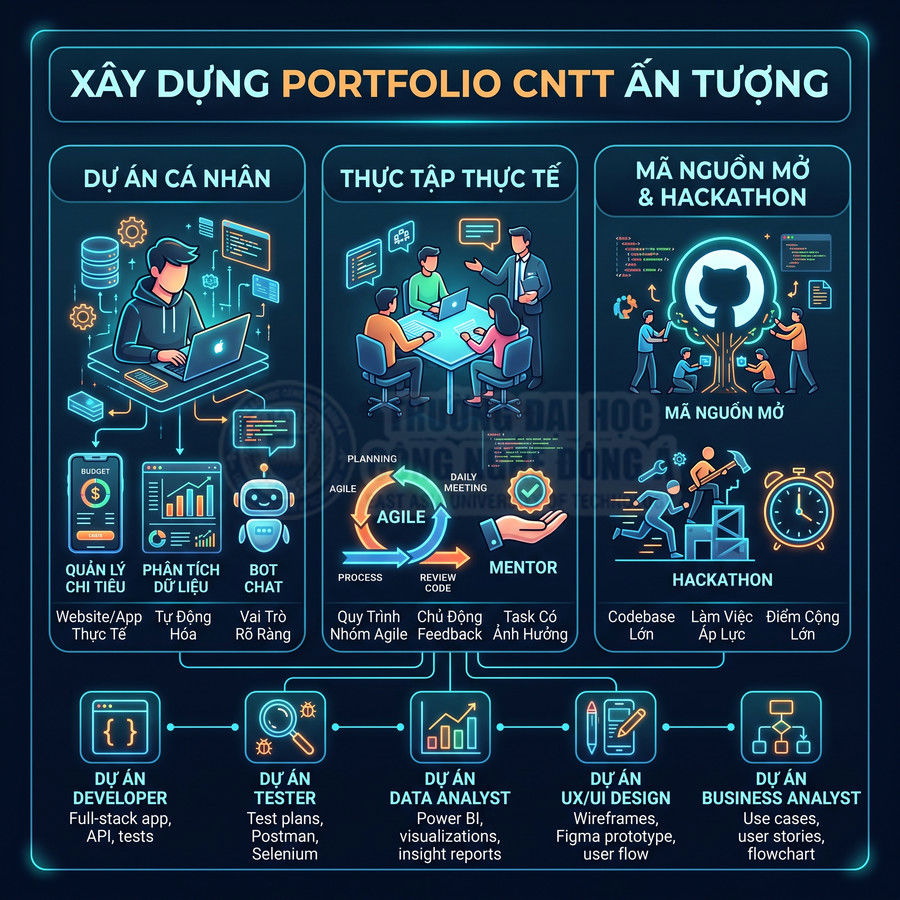 Infographic hướng dẫn xây dựng portfolio CNTT ấn tượng với dự án cá nhân, thực tập, mã nguồn mở và hackathon