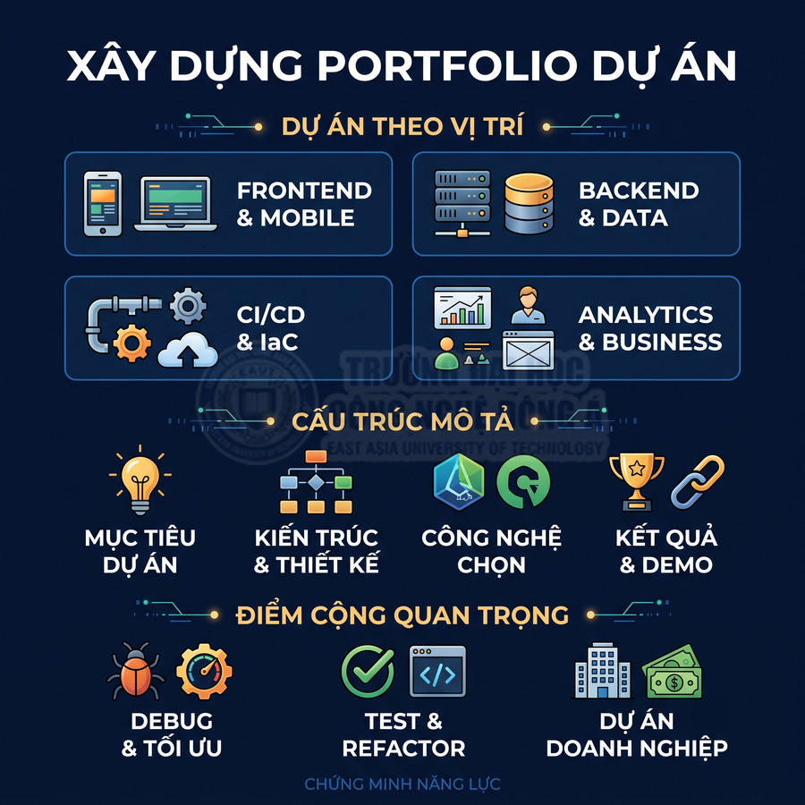 Infographic hướng dẫn xây dựng portfolio dự án IT với các vị trí, cấu trúc mô tả và điểm cộng quan trọng