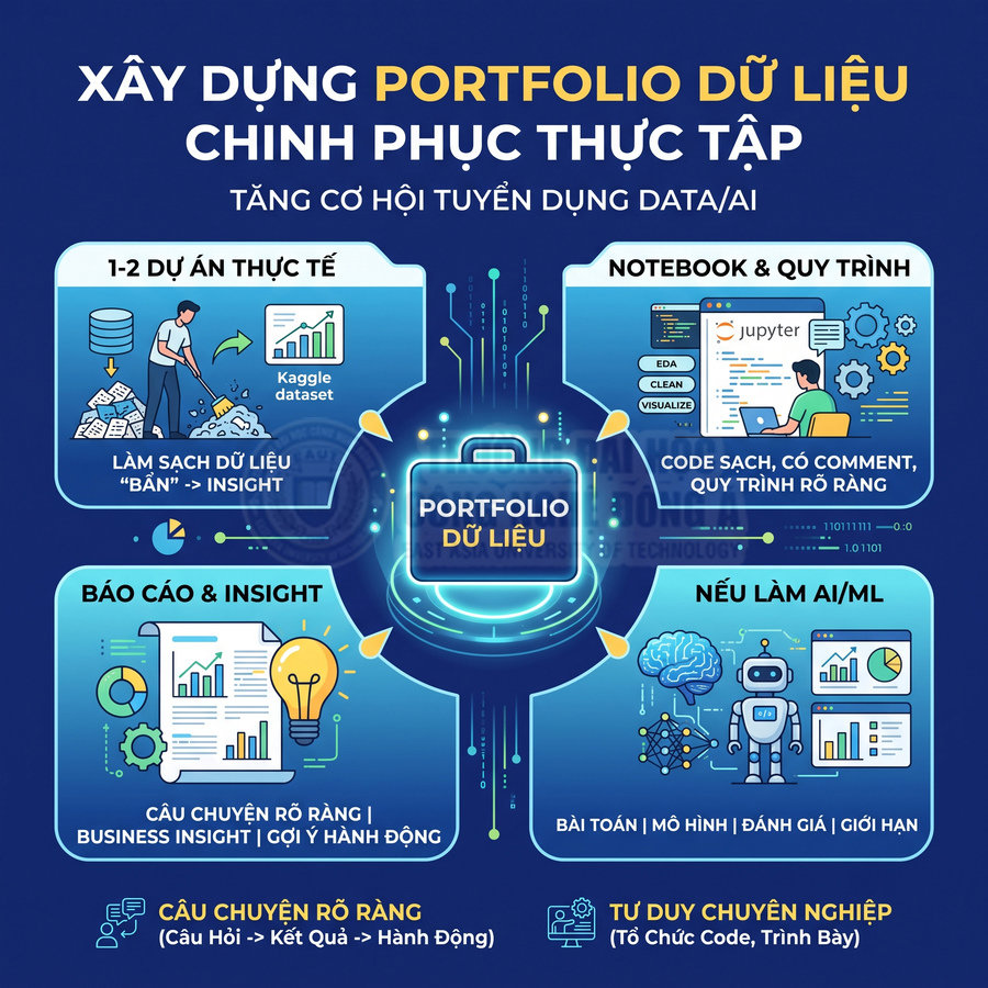 Infographic hướng dẫn xây dựng portfolio dữ liệu để tăng cơ hội tuyển dụng thực tập data AI