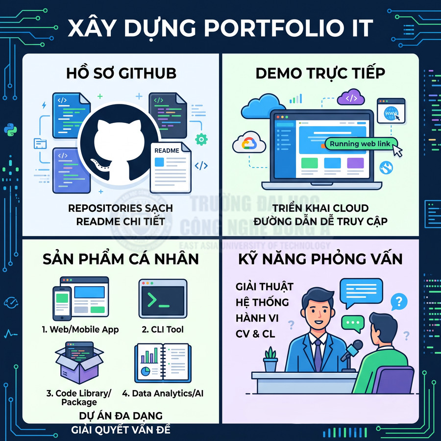 Hướng dẫn xây dựng portfolio IT với GitHub, demo web, sản phẩm cá nhân và kỹ năng phỏng vấn cho lập trình viên