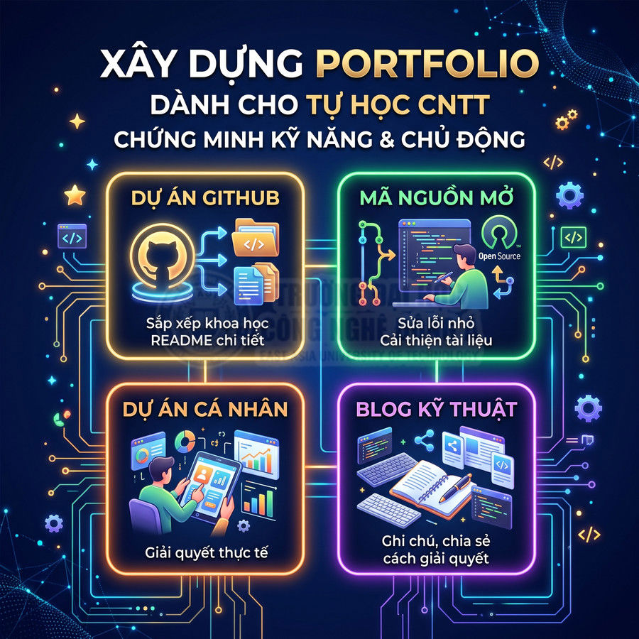 Hướng dẫn xây dựng portfolio cho người tự học CNTT với dự án GitHub, mã nguồn mở, dự án cá nhân và blog kỹ thuật